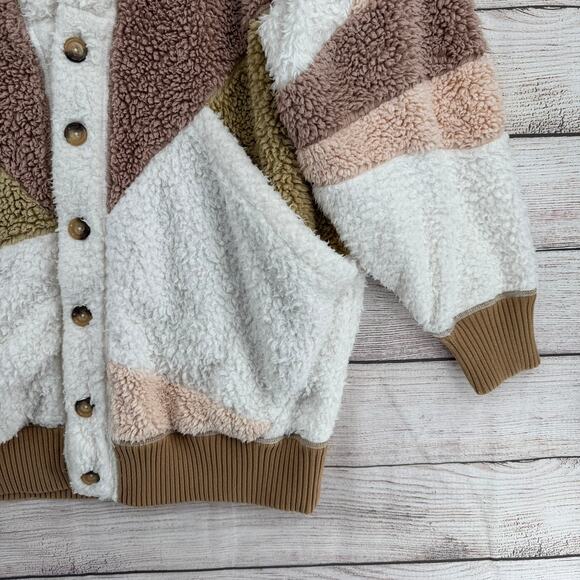 Free People Selma Cardi Colorblock Sherpa Cardigan Sweater Womens L White Brown - Picture 6 of 14